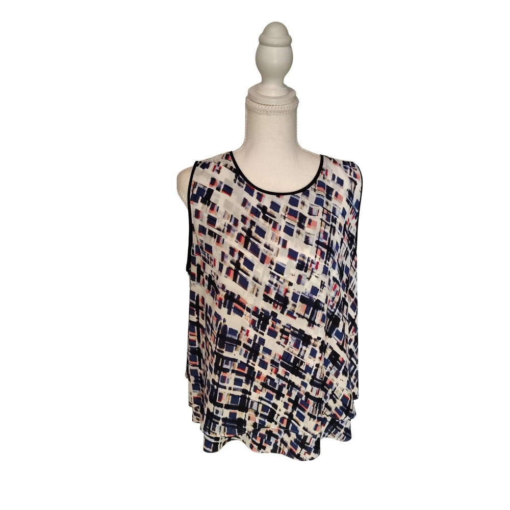 White House Black Market‎ Abstract Geometric Sleeveless Blouse Blue Red Black L